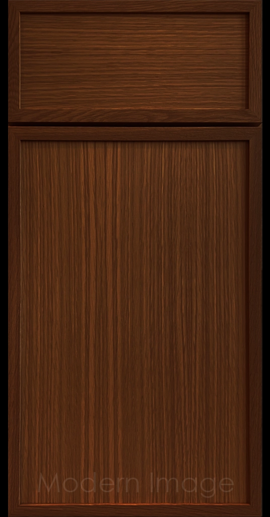 Pecan Stain Arcadia shaker-style cabinet door, featuring slim stile & rail surrounding a flat center panel